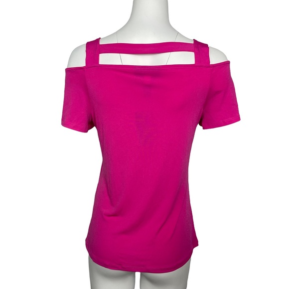 NWT INC Stretch Hot Pink Summer Blouse Cold Shoulder Top S - Picture 3 of 6